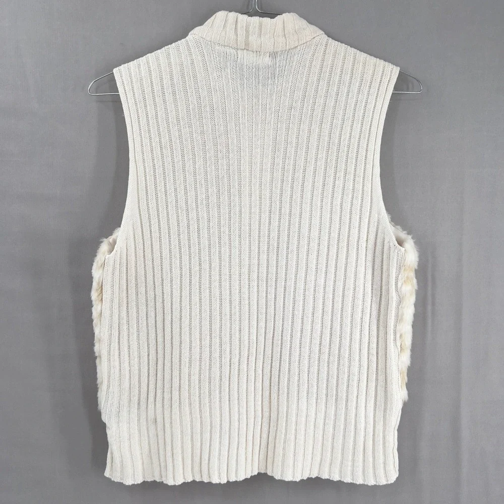 Allison Brittney Women's Faux Fur Sweater Vest Front Zip Ivory Tan Large - Picture 2 of 6